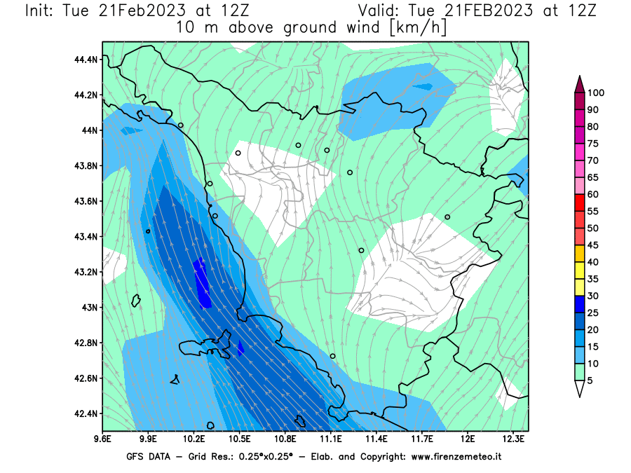 Mappa di analisi GFS - Velocità del vento a 10 metri dal suolo [km/h] in Toscana
							del 21/02/2023 12 <!--googleoff: index-->UTC<!--googleon: index-->
