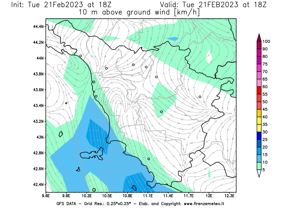 Mappa di analisi GFS - Velocità del vento a 10 metri dal suolo [km/h] in Toscana
							del 21/02/2023 18 <!--googleoff: index-->UTC<!--googleon: index-->