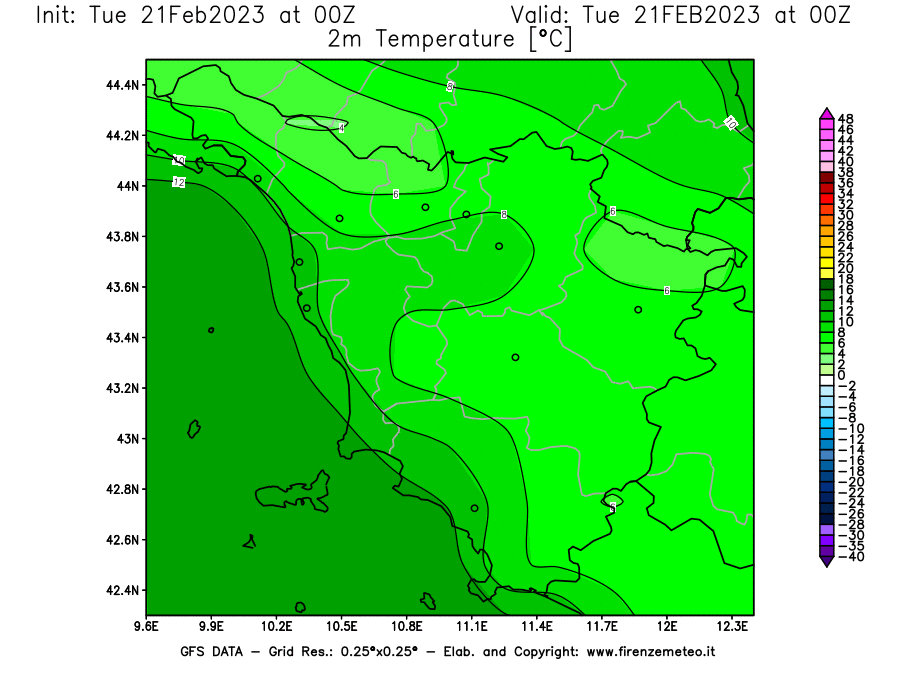 Mappa di analisi GFS - Temperatura a 2 metri dal suolo [°C] in Toscana
							del 21/02/2023 00 <!--googleoff: index-->UTC<!--googleon: index-->