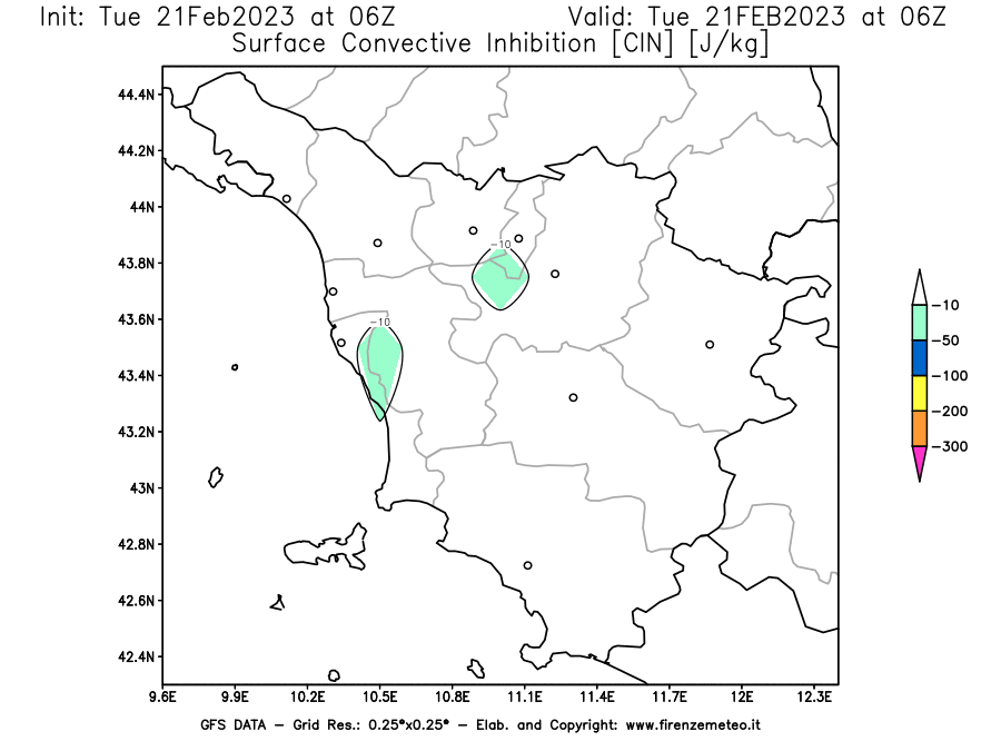 Mappa di analisi GFS - CIN [J/kg] in Toscana
							del 21/02/2023 06 <!--googleoff: index-->UTC<!--googleon: index-->