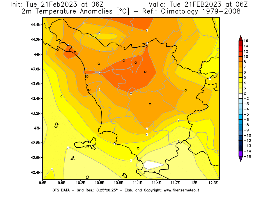 Mappa di analisi GFS - Anomalia Temperatura [°C] a 2 m in Toscana
							del 21/02/2023 06 <!--googleoff: index-->UTC<!--googleon: index-->
