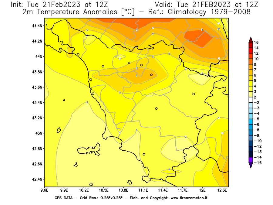Mappa di analisi GFS - Anomalia Temperatura [°C] a 2 m in Toscana
							del 21/02/2023 12 <!--googleoff: index-->UTC<!--googleon: index-->