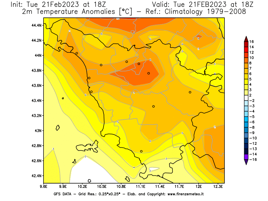 Mappa di analisi GFS - Anomalia Temperatura [°C] a 2 m in Toscana
							del 21/02/2023 18 <!--googleoff: index-->UTC<!--googleon: index-->