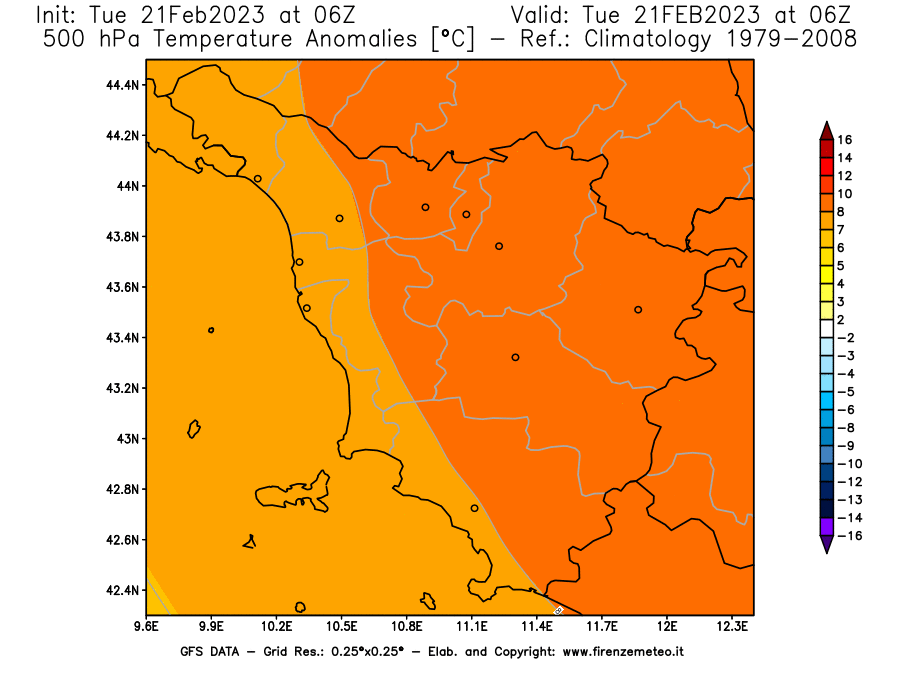 Mappa di analisi GFS - Anomalia Temperatura [°C] a 500 hPa in Toscana
							del 21/02/2023 06 <!--googleoff: index-->UTC<!--googleon: index-->