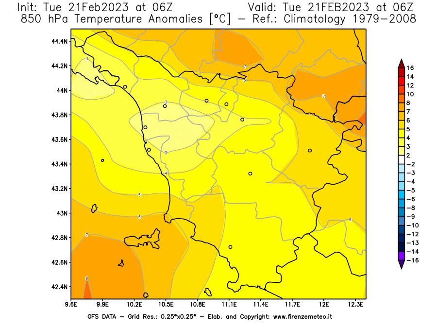 Mappa di analisi GFS - Anomalia Temperatura [°C] a 850 hPa in Toscana
							del 21/02/2023 06 <!--googleoff: index-->UTC<!--googleon: index-->