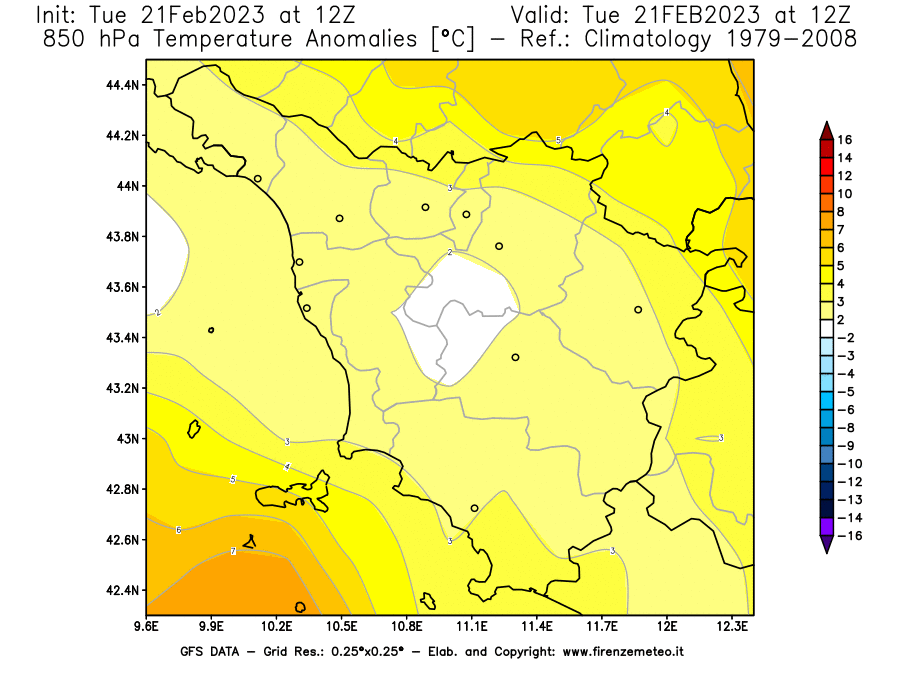 Mappa di analisi GFS - Anomalia Temperatura [°C] a 850 hPa in Toscana
							del 21/02/2023 12 <!--googleoff: index-->UTC<!--googleon: index-->