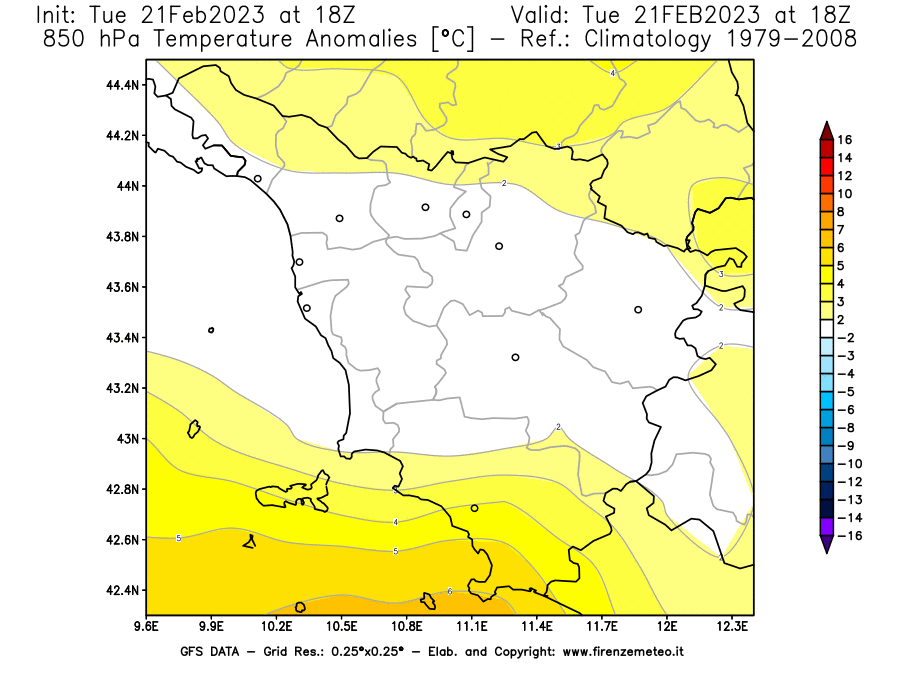 Mappa di analisi GFS - Anomalia Temperatura [°C] a 850 hPa in Toscana
							del 21/02/2023 18 <!--googleoff: index-->UTC<!--googleon: index-->