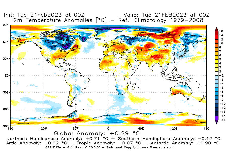 Mappa di analisi GFS - Anomalia Temperatura [°C] a 2 m in World
							del 21/02/2023 00 <!--googleoff: index-->UTC<!--googleon: index-->