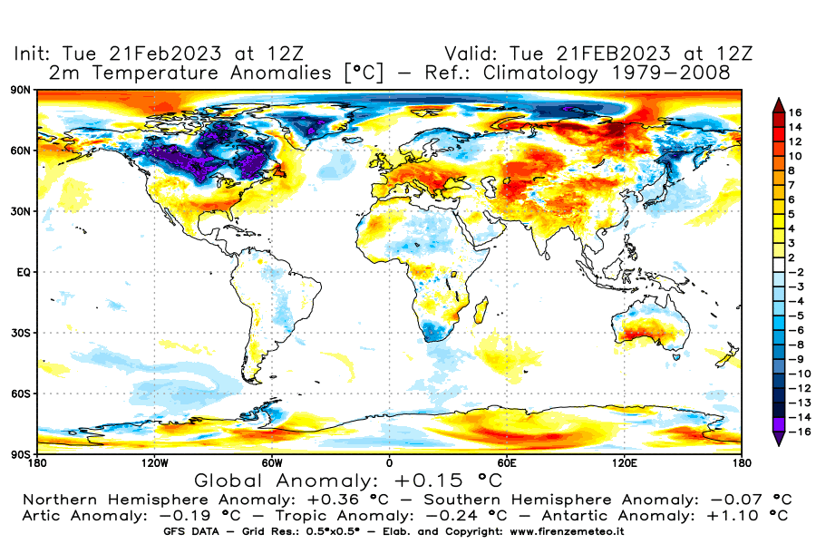 Mappa di analisi GFS - Anomalia Temperatura [°C] a 2 m in World
							del 21/02/2023 12 <!--googleoff: index-->UTC<!--googleon: index-->
