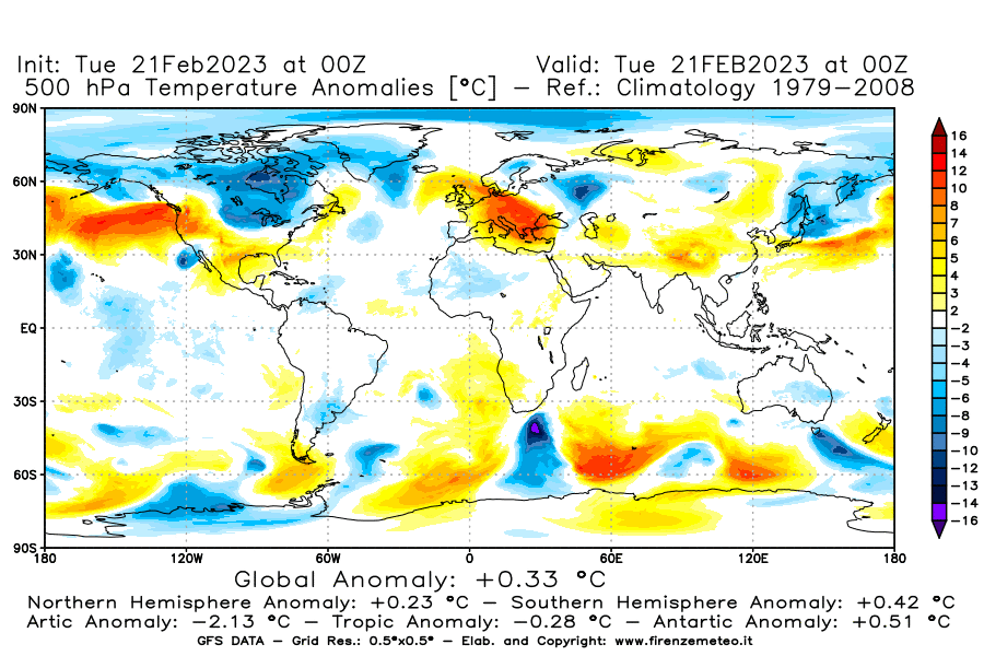 Mappa di analisi GFS - Anomalia Temperatura [°C] a 500 hPa in World
							del 21/02/2023 00 <!--googleoff: index-->UTC<!--googleon: index-->
