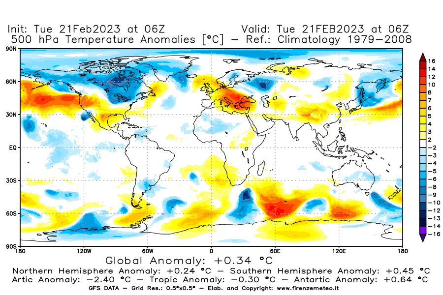 Mappa di analisi GFS - Anomalia Temperatura [°C] a 500 hPa in World
							del 21/02/2023 06 <!--googleoff: index-->UTC<!--googleon: index-->