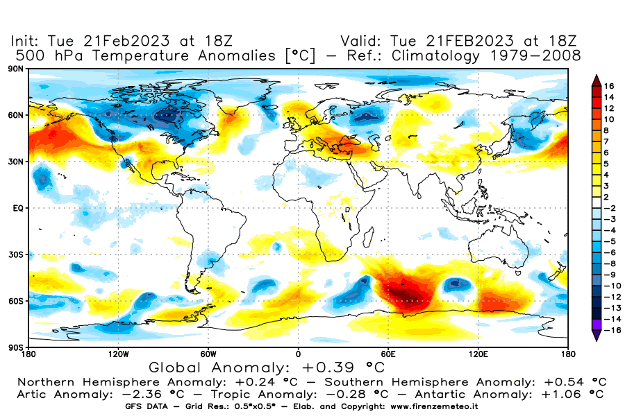 Mappa di analisi GFS - Anomalia Temperatura [°C] a 500 hPa in World
							del 21/02/2023 18 <!--googleoff: index-->UTC<!--googleon: index-->