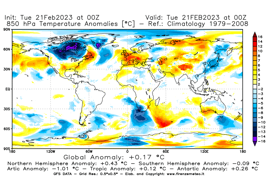 Mappa di analisi GFS - Anomalia Temperatura [°C] a 850 hPa in World
							del 21/02/2023 00 <!--googleoff: index-->UTC<!--googleon: index-->