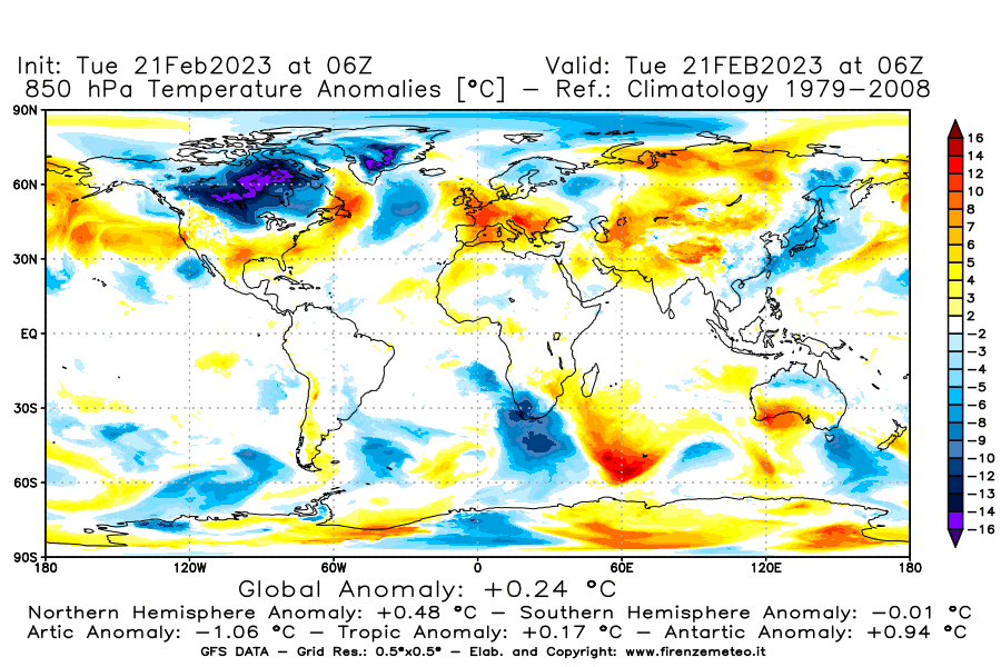 Mappa di analisi GFS - Anomalia Temperatura [°C] a 850 hPa in World
							del 21/02/2023 06 <!--googleoff: index-->UTC<!--googleon: index-->