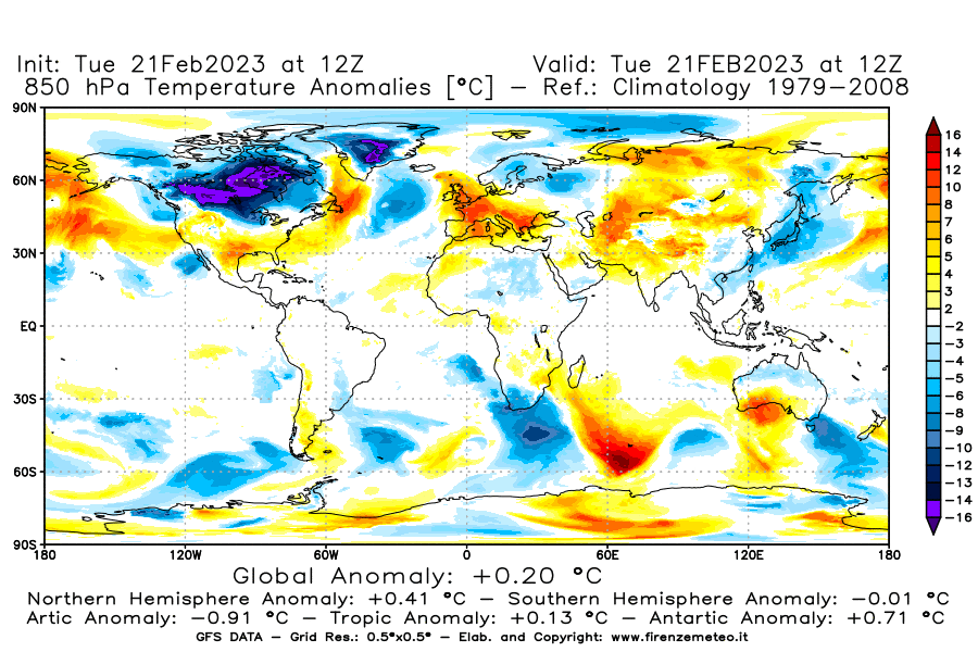 Mappa di analisi GFS - Anomalia Temperatura [°C] a 850 hPa in World
							del 21/02/2023 12 <!--googleoff: index-->UTC<!--googleon: index-->