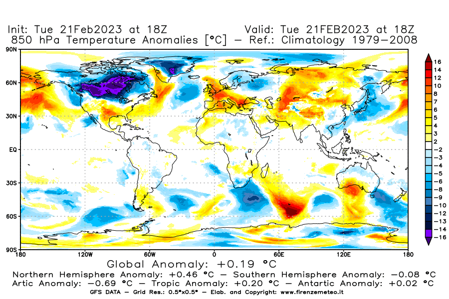 Mappa di analisi GFS - Anomalia Temperatura [°C] a 850 hPa in World
							del 21/02/2023 18 <!--googleoff: index-->UTC<!--googleon: index-->