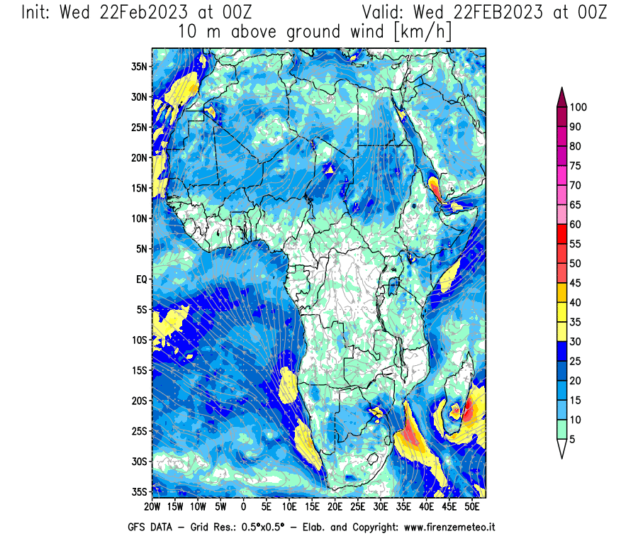 Mappa di analisi GFS - Velocità del vento a 10 metri dal suolo [km/h] in Africa
							del 22/02/2023 00 <!--googleoff: index-->UTC<!--googleon: index-->