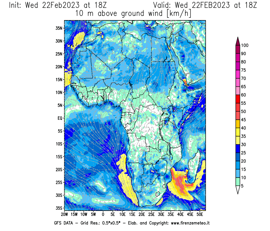 Mappa di analisi GFS - Velocità del vento a 10 metri dal suolo [km/h] in Africa
							del 22/02/2023 18 <!--googleoff: index-->UTC<!--googleon: index-->