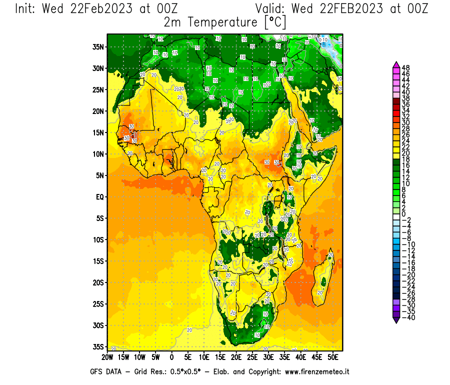 Mappa di analisi GFS - Temperatura a 2 metri dal suolo [°C] in Africa
							del 22/02/2023 00 <!--googleoff: index-->UTC<!--googleon: index-->