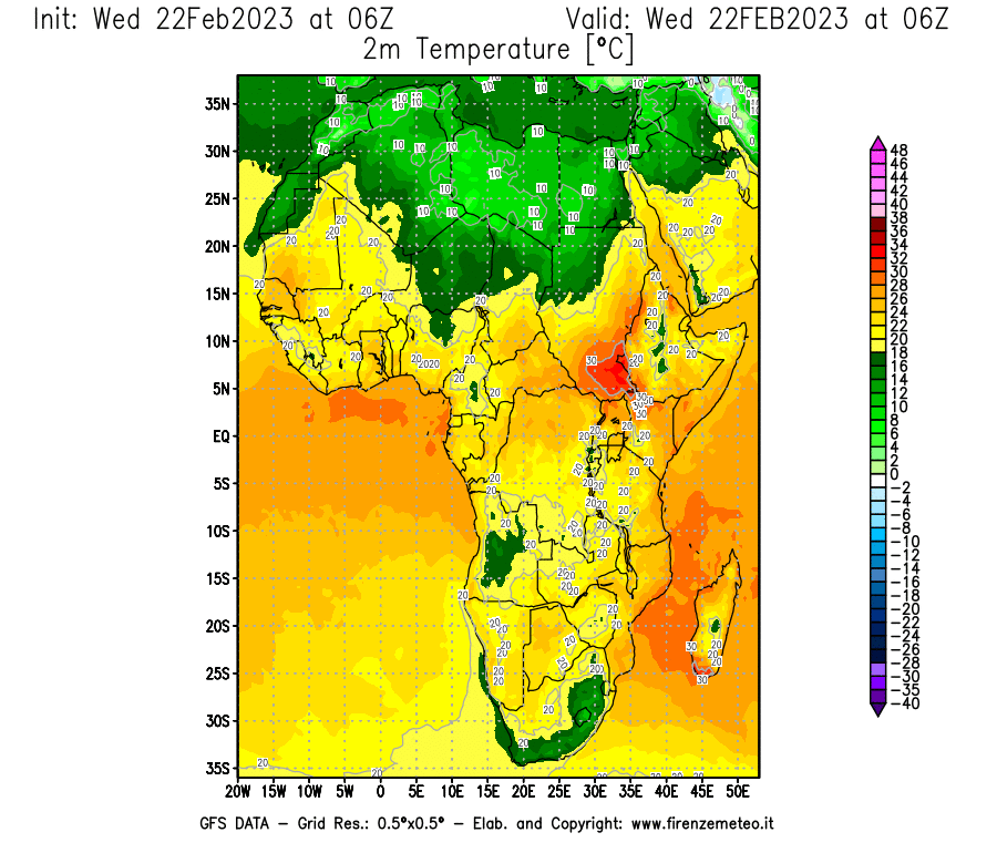 Mappa di analisi GFS - Temperatura a 2 metri dal suolo [°C] in Africa
							del 22/02/2023 06 <!--googleoff: index-->UTC<!--googleon: index-->