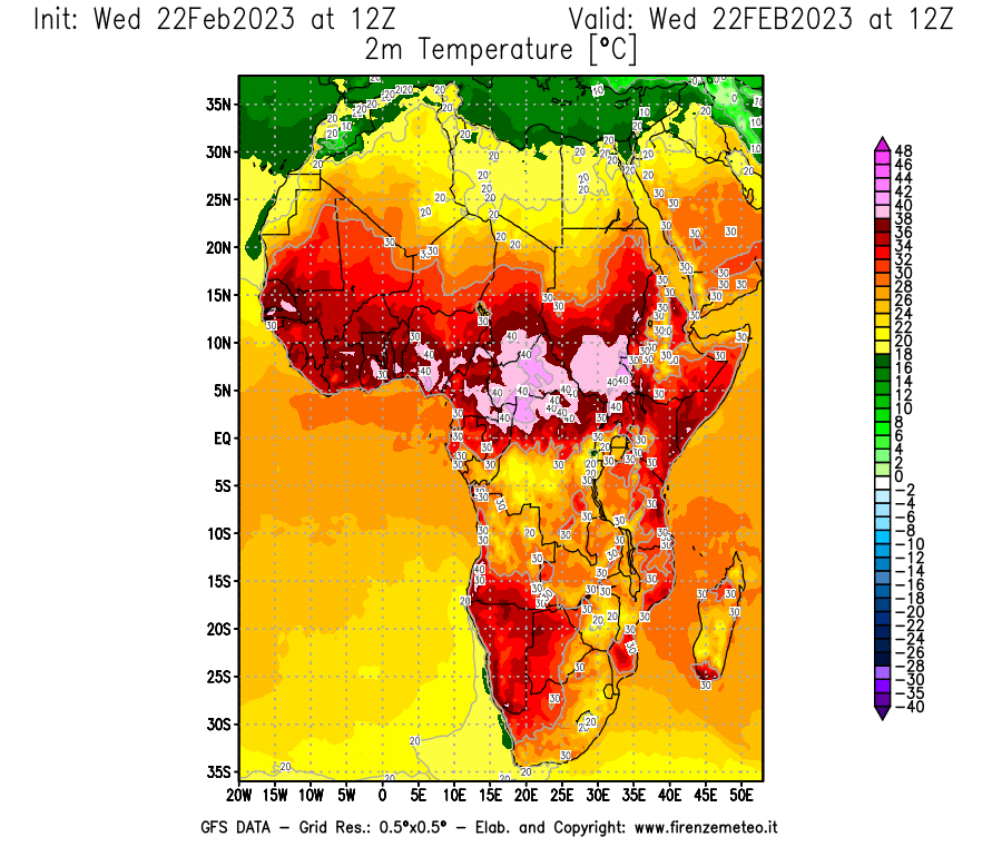 Mappa di analisi GFS - Temperatura a 2 metri dal suolo [°C] in Africa
							del 22/02/2023 12 <!--googleoff: index-->UTC<!--googleon: index-->