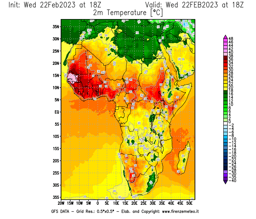 Mappa di analisi GFS - Temperatura a 2 metri dal suolo [°C] in Africa
							del 22/02/2023 18 <!--googleoff: index-->UTC<!--googleon: index-->