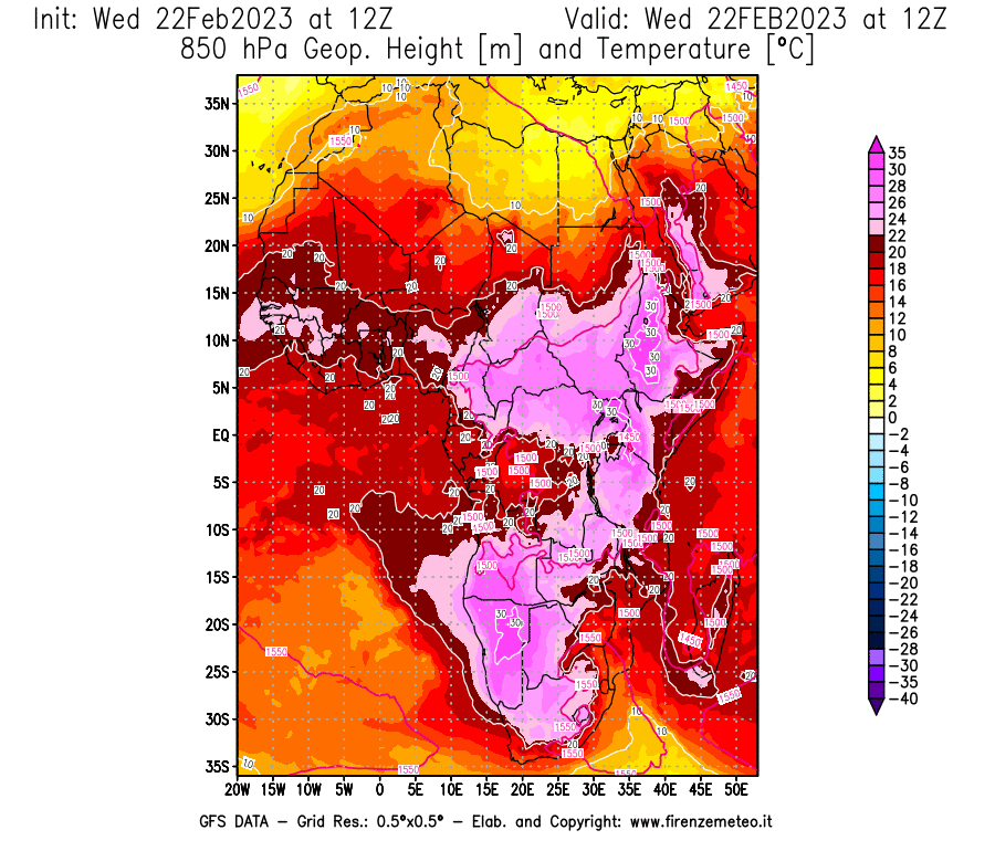 Mappa di analisi GFS - Geopotenziale [m] e Temperatura [°C] a 850 hPa in Africa
							del 22/02/2023 12 <!--googleoff: index-->UTC<!--googleon: index-->
