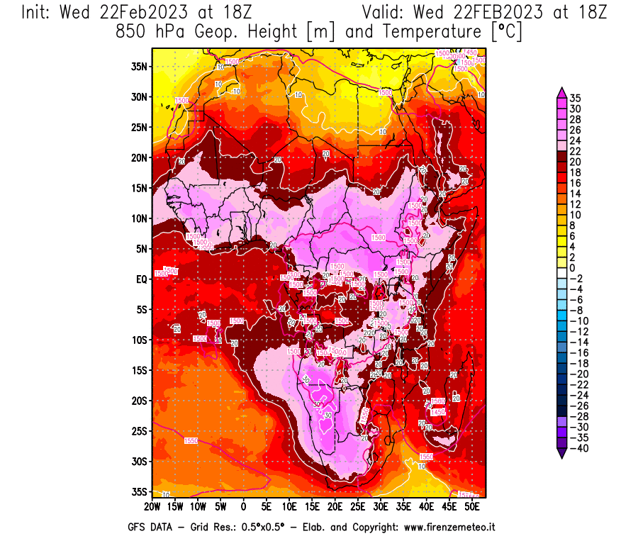 Mappa di analisi GFS - Geopotenziale [m] e Temperatura [°C] a 850 hPa in Africa
							del 22/02/2023 18 <!--googleoff: index-->UTC<!--googleon: index-->