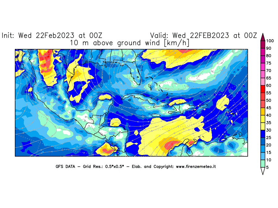 Mappa di analisi GFS - Velocità del vento a 10 metri dal suolo [km/h] in Centro-America
							del 22/02/2023 00 <!--googleoff: index-->UTC<!--googleon: index-->
