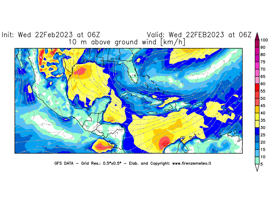 Mappa di analisi GFS - Velocità del vento a 10 metri dal suolo [km/h] in Centro-America
							del 22/02/2023 06 <!--googleoff: index-->UTC<!--googleon: index-->