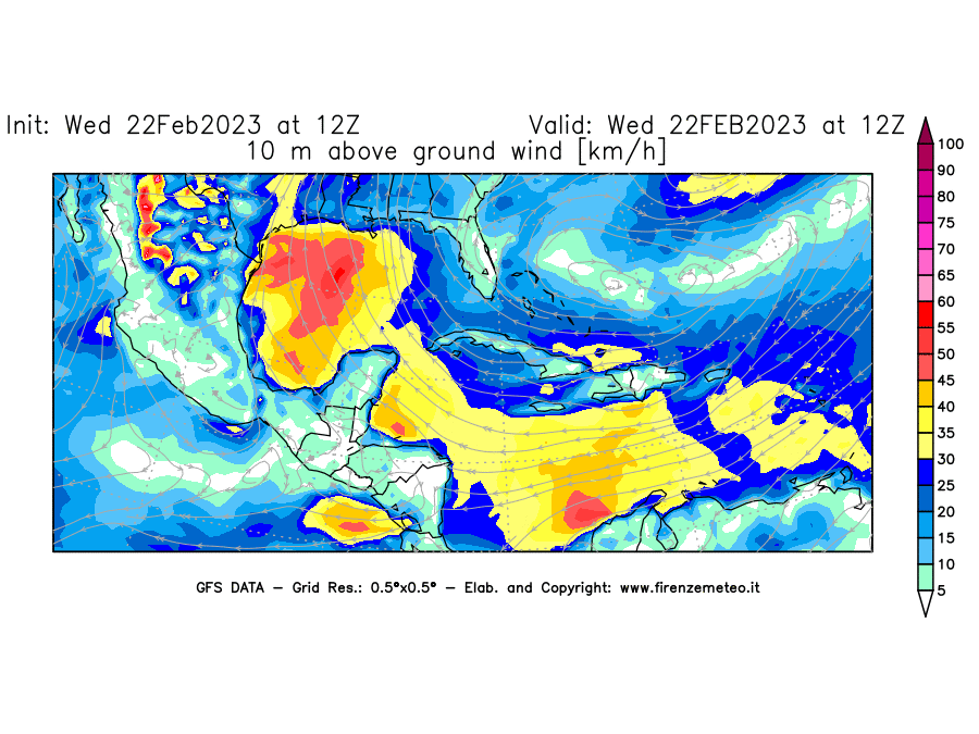 Mappa di analisi GFS - Velocità del vento a 10 metri dal suolo [km/h] in Centro-America
							del 22/02/2023 12 <!--googleoff: index-->UTC<!--googleon: index-->