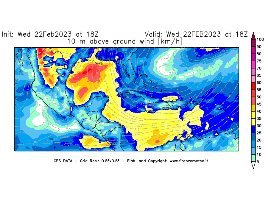 Mappa di analisi GFS - Velocità del vento a 10 metri dal suolo [km/h] in Centro-America
							del 22/02/2023 18 <!--googleoff: index-->UTC<!--googleon: index-->