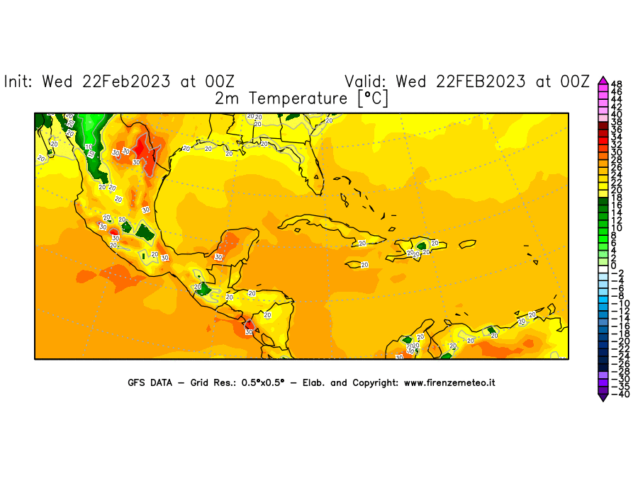 Mappa di analisi GFS - Temperatura a 2 metri dal suolo [°C] in Centro-America
							del 22/02/2023 00 <!--googleoff: index-->UTC<!--googleon: index-->