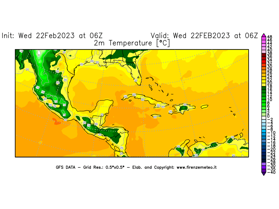 Mappa di analisi GFS - Temperatura a 2 metri dal suolo [°C] in Centro-America
							del 22/02/2023 06 <!--googleoff: index-->UTC<!--googleon: index-->