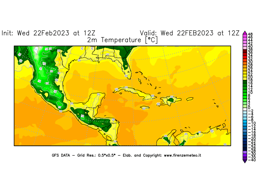 Mappa di analisi GFS - Temperatura a 2 metri dal suolo [°C] in Centro-America
							del 22/02/2023 12 <!--googleoff: index-->UTC<!--googleon: index-->