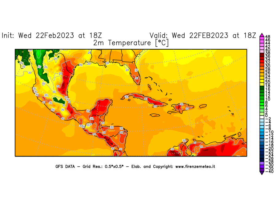 Mappa di analisi GFS - Temperatura a 2 metri dal suolo [°C] in Centro-America
							del 22/02/2023 18 <!--googleoff: index-->UTC<!--googleon: index-->