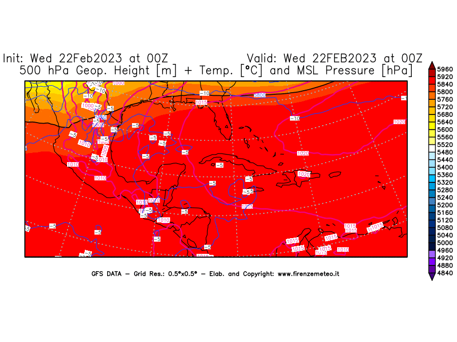 Mappa di analisi GFS - Geopotenziale [m] + Temp. [°C] a 500 hPa + Press. a livello del mare [hPa] in Centro-America
							del 22/02/2023 00 <!--googleoff: index-->UTC<!--googleon: index-->