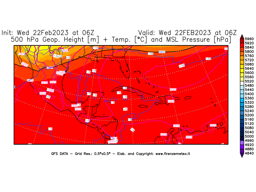 Mappa di analisi GFS - Geopotenziale [m] + Temp. [°C] a 500 hPa + Press. a livello del mare [hPa] in Centro-America
							del 22/02/2023 06 <!--googleoff: index-->UTC<!--googleon: index-->