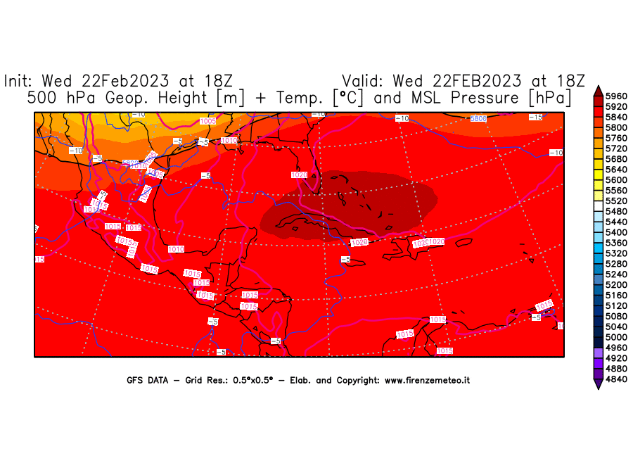 Mappa di analisi GFS - Geopotenziale [m] + Temp. [°C] a 500 hPa + Press. a livello del mare [hPa] in Centro-America
							del 22/02/2023 18 <!--googleoff: index-->UTC<!--googleon: index-->