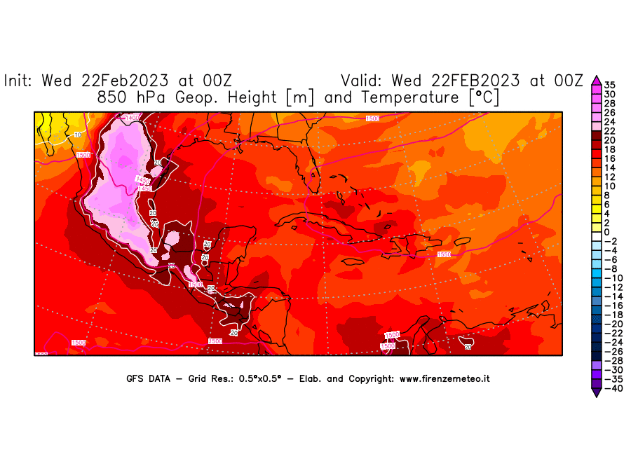 Mappa di analisi GFS - Geopotenziale [m] e Temperatura [°C] a 850 hPa in Centro-America
							del 22/02/2023 00 <!--googleoff: index-->UTC<!--googleon: index-->