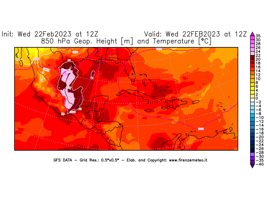 Mappa di analisi GFS - Geopotenziale [m] e Temperatura [°C] a 850 hPa in Centro-America
							del 22/02/2023 12 <!--googleoff: index-->UTC<!--googleon: index-->