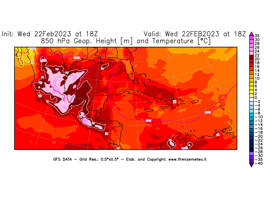 Mappa di analisi GFS - Geopotenziale [m] e Temperatura [°C] a 850 hPa in Centro-America
							del 22/02/2023 18 <!--googleoff: index-->UTC<!--googleon: index-->
