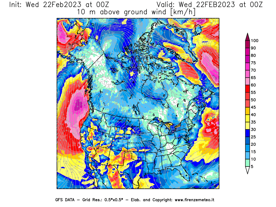 Mappa di analisi GFS - Velocità del vento a 10 metri dal suolo [km/h] in Nord-America
							del 22/02/2023 00 <!--googleoff: index-->UTC<!--googleon: index-->