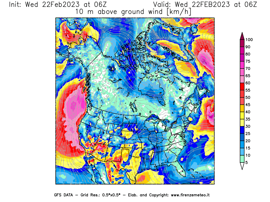 Mappa di analisi GFS - Velocità del vento a 10 metri dal suolo [km/h] in Nord-America
							del 22/02/2023 06 <!--googleoff: index-->UTC<!--googleon: index-->