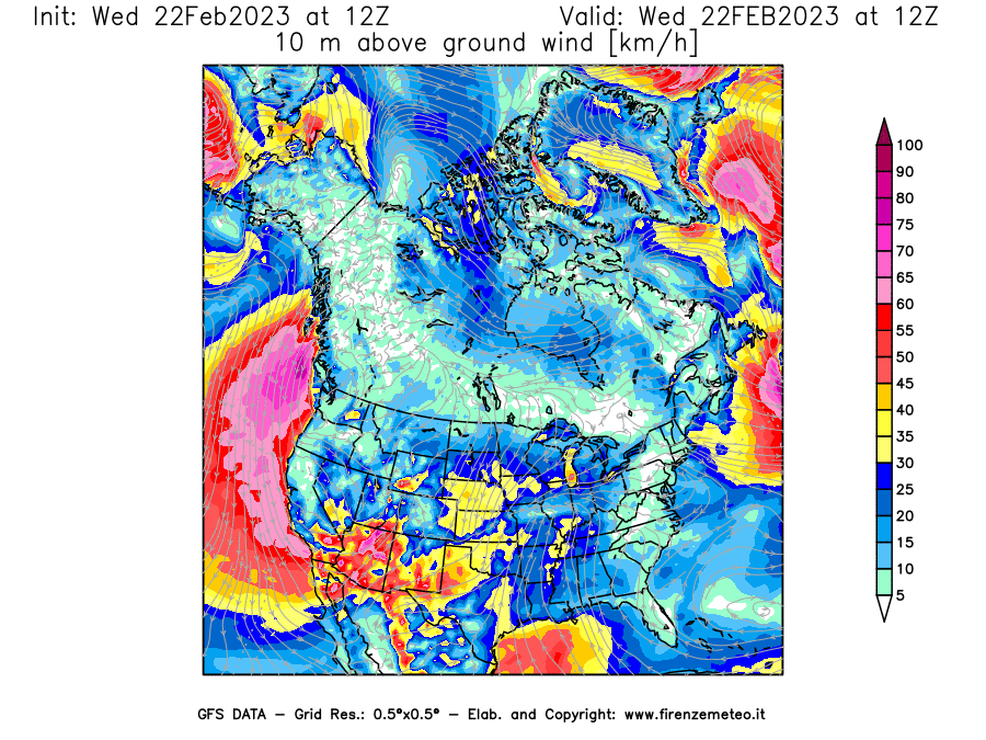 Mappa di analisi GFS - Velocità del vento a 10 metri dal suolo [km/h] in Nord-America
							del 22/02/2023 12 <!--googleoff: index-->UTC<!--googleon: index-->