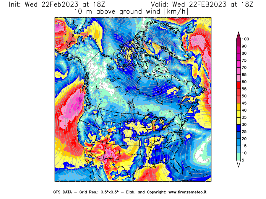 Mappa di analisi GFS - Velocità del vento a 10 metri dal suolo [km/h] in Nord-America
							del 22/02/2023 18 <!--googleoff: index-->UTC<!--googleon: index-->