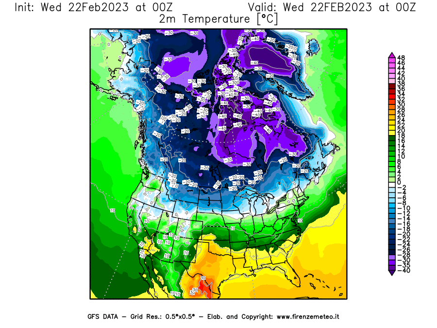 Mappa di analisi GFS - Temperatura a 2 metri dal suolo [°C] in Nord-America
							del 22/02/2023 00 <!--googleoff: index-->UTC<!--googleon: index-->
