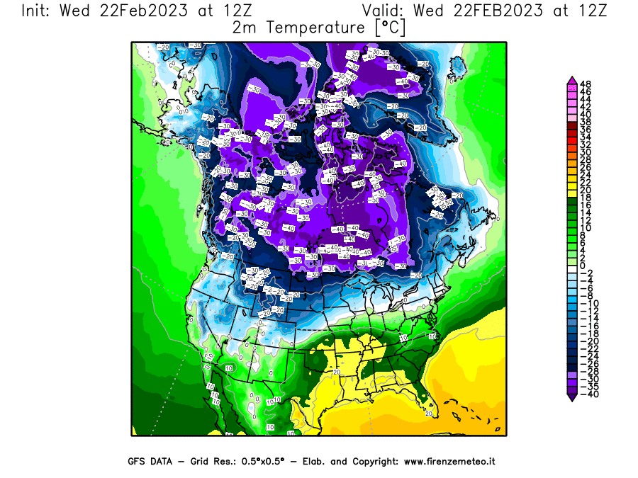 Mappa di analisi GFS - Temperatura a 2 metri dal suolo [°C] in Nord-America
							del 22/02/2023 12 <!--googleoff: index-->UTC<!--googleon: index-->