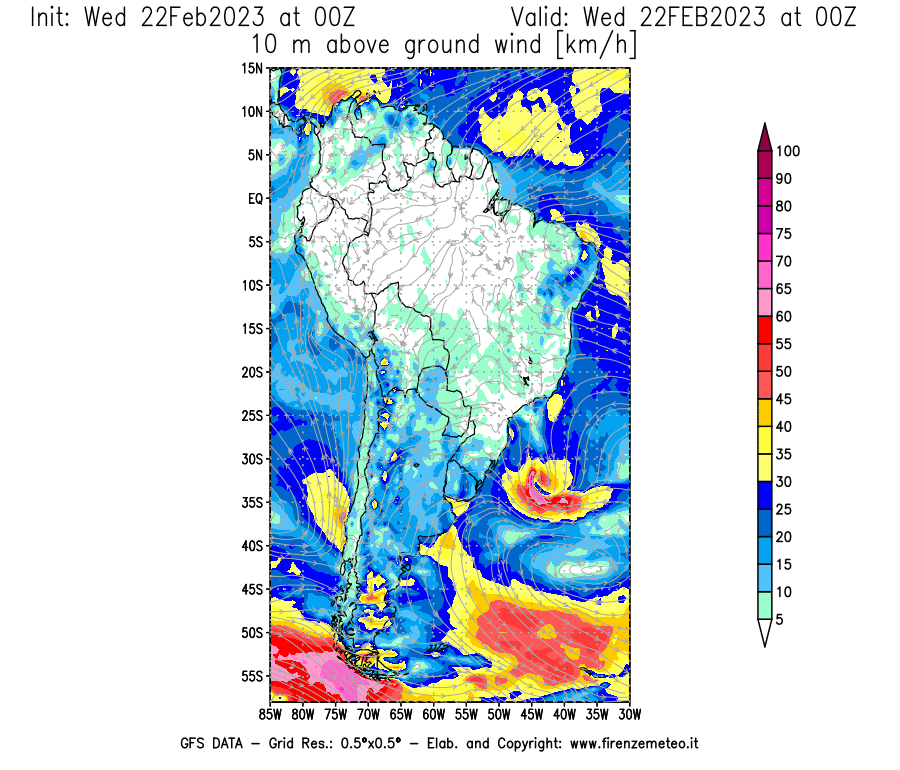 Mappa di analisi GFS - Velocità del vento a 10 metri dal suolo [km/h] in Sud-America
							del 22/02/2023 00 <!--googleoff: index-->UTC<!--googleon: index-->