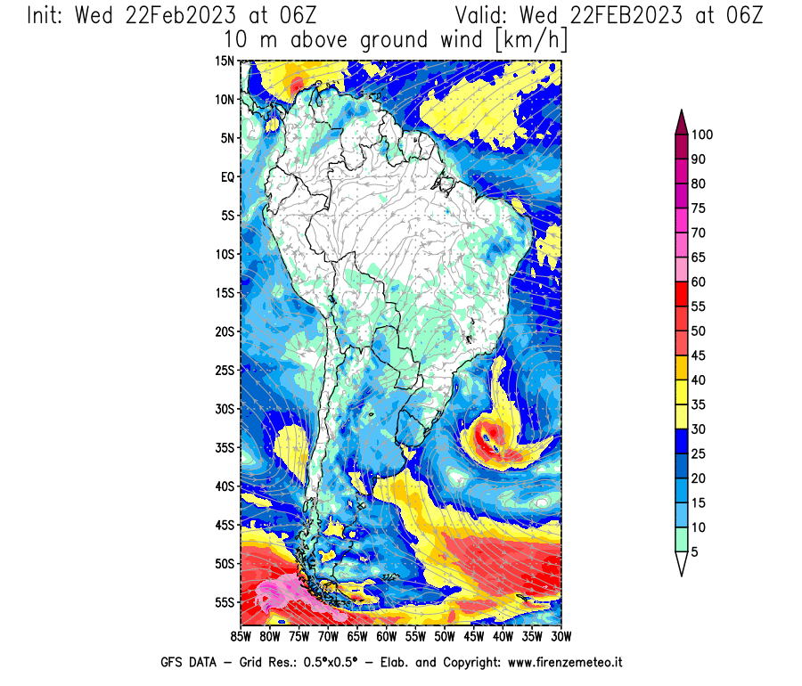 Mappa di analisi GFS - Velocità del vento a 10 metri dal suolo [km/h] in Sud-America
							del 22/02/2023 06 <!--googleoff: index-->UTC<!--googleon: index-->